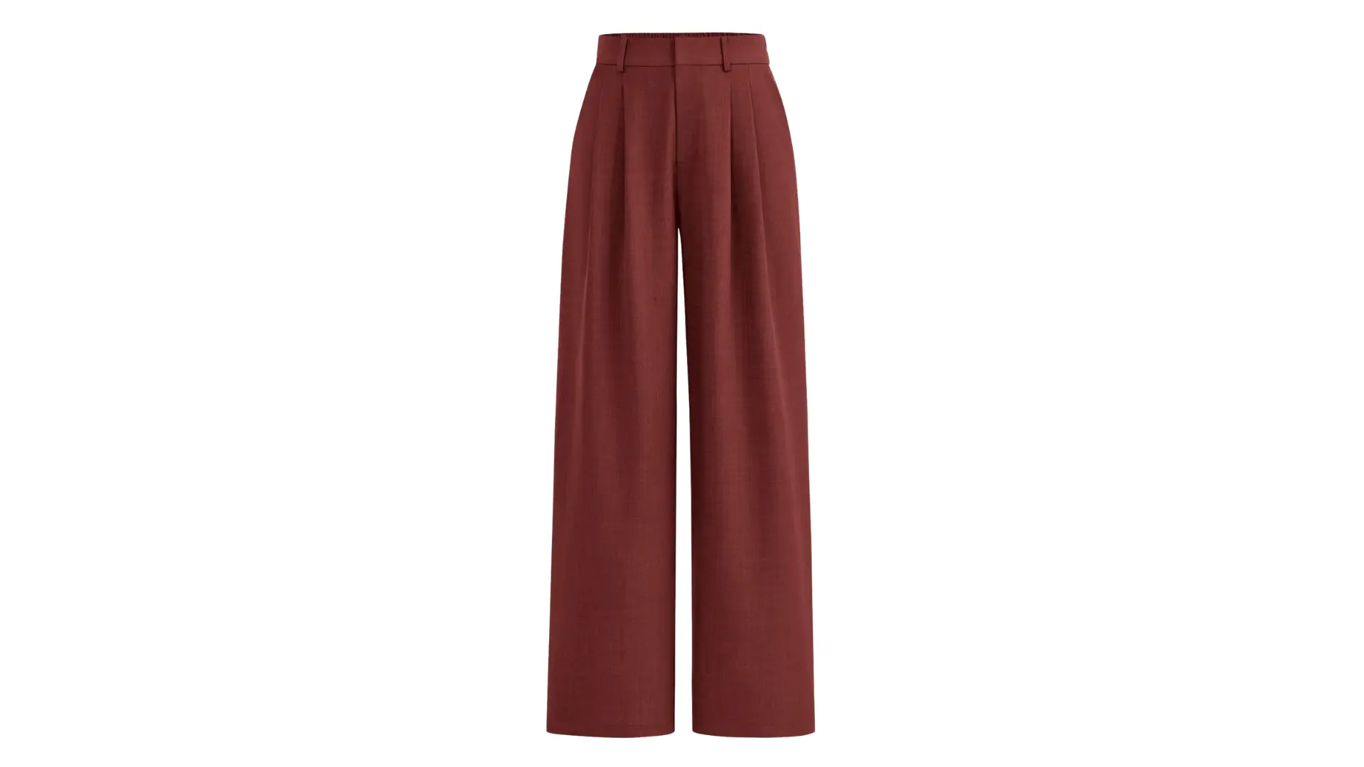 burgundy high-waisted wide-leg trousers featuring pleated details and belt loops against a plain white background