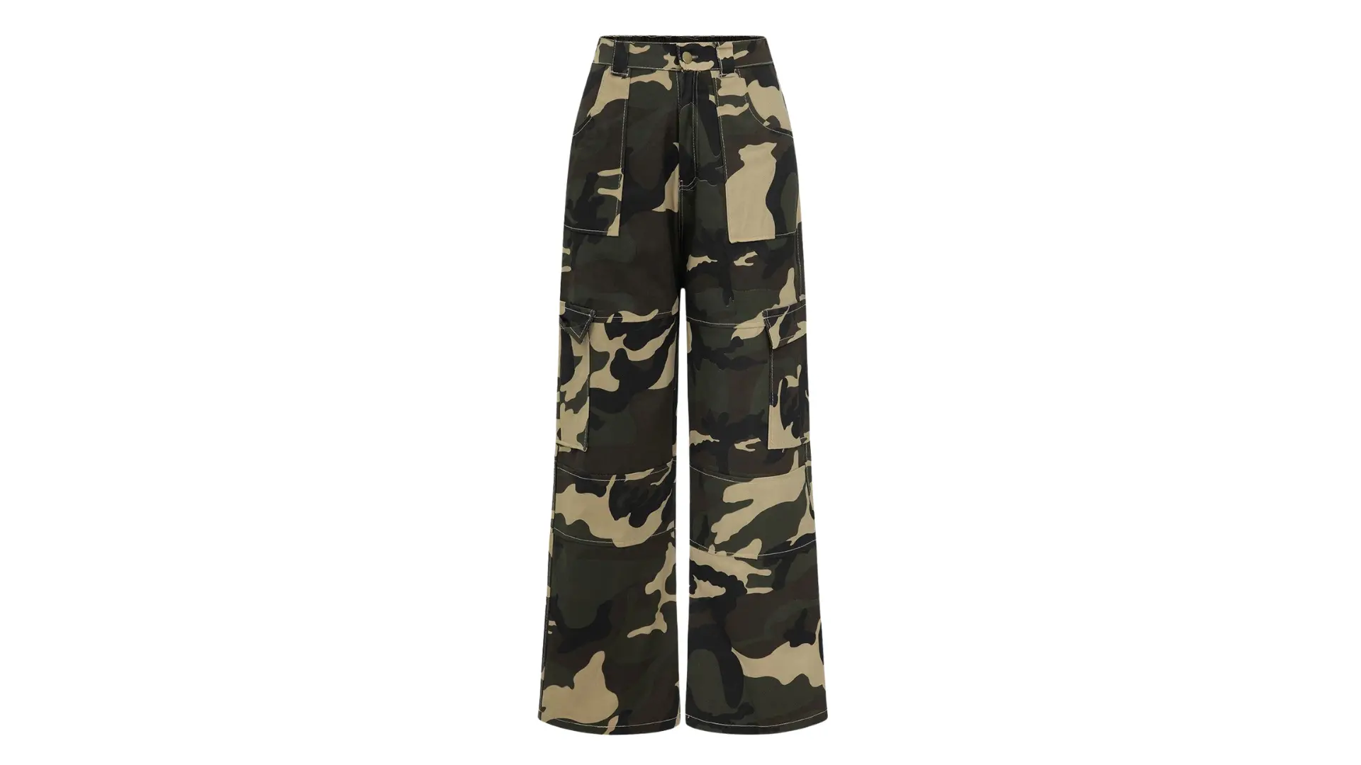 camouflage print wide-leg military pants featuring utility pockets and contrast stitching on a white background