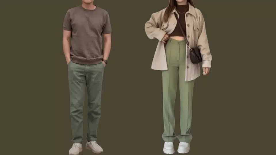 casual outfit ideas showing brown tops with army green cargo pants and light green straight pants for men and women