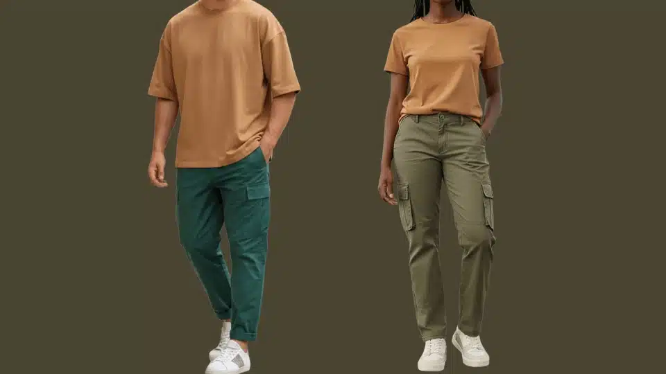 _casual outfit ideas showing camel shirts with dark green and olive cargo pants for men and women