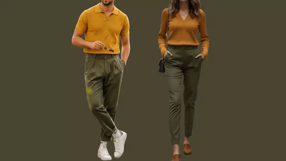 casual outfit ideas showing mustard tops with different shades of green pants for men and women