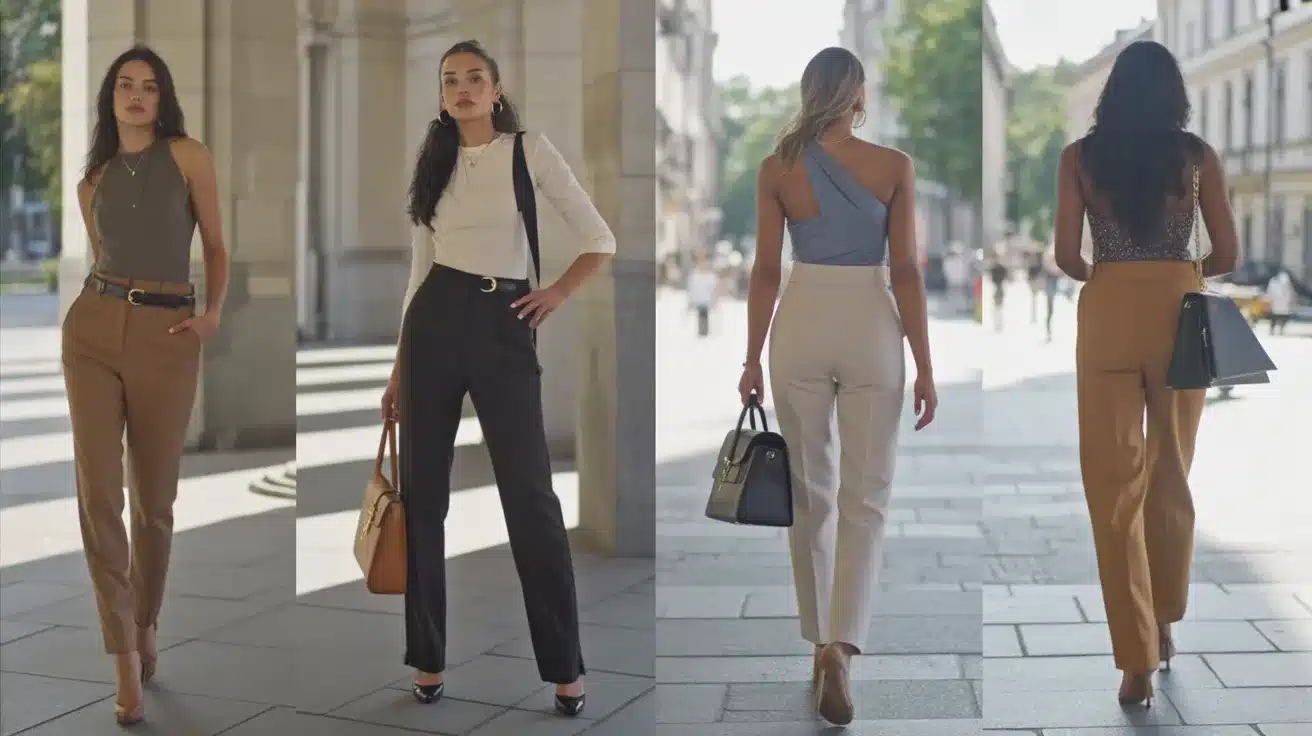 chic outfits with tailored trousers, fitted tops, sleek heels, and structured handbags styled in modern city streets