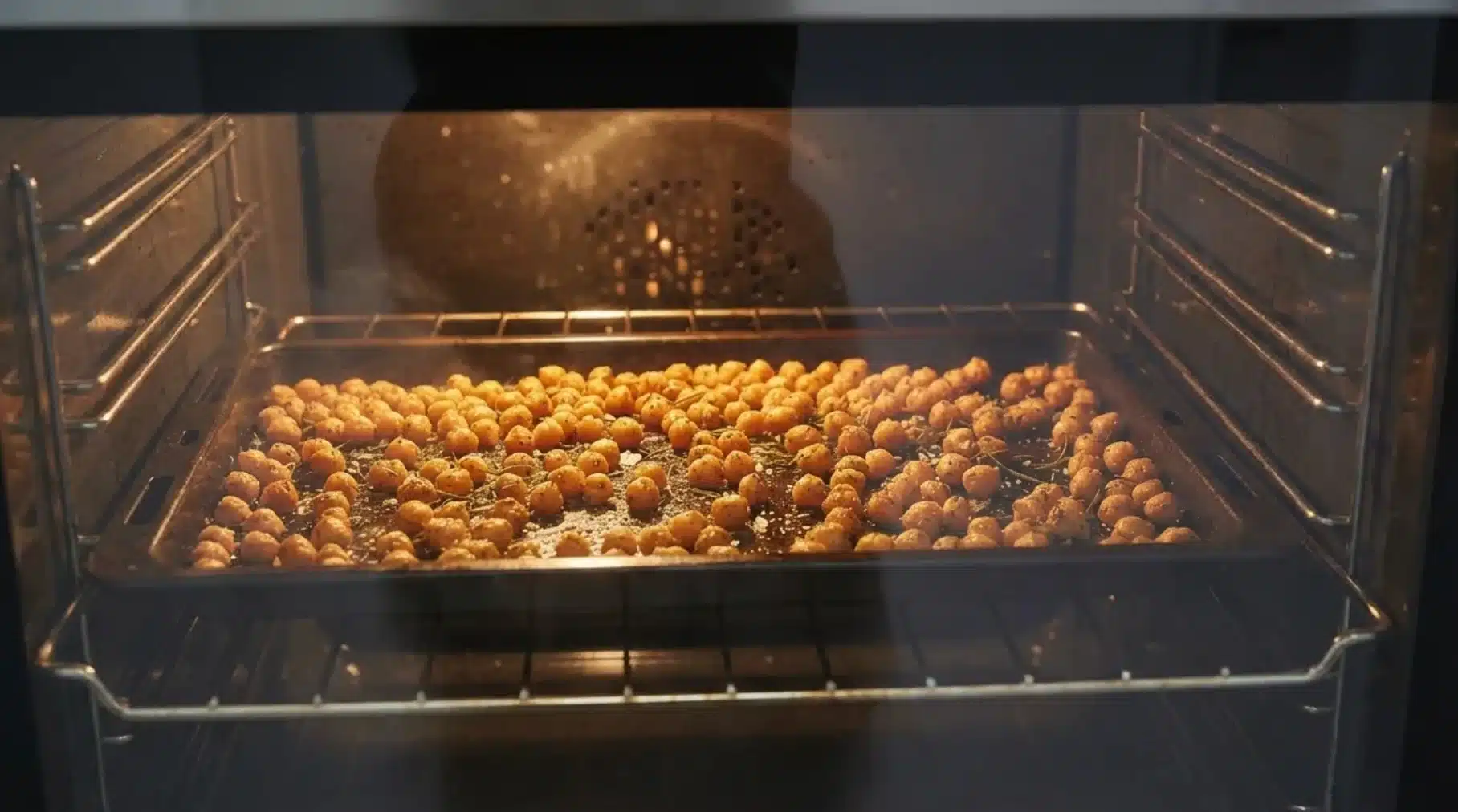 chickpeas roasting on a baking tray inside the oven, seasoned legumes turning golden and crispy while cooking