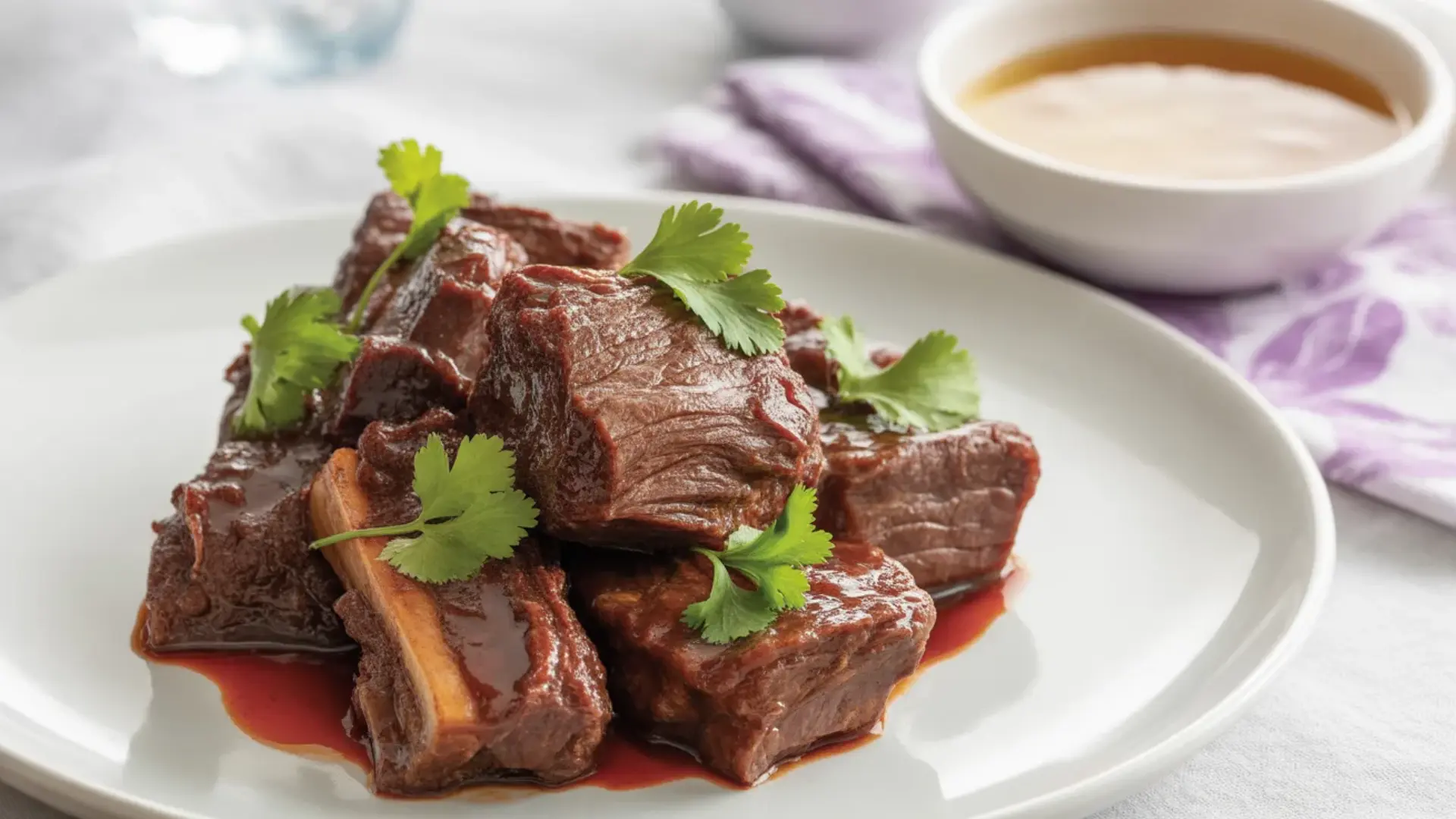 chunks of tender braised flank steak in a rich red sauce on a white plate with fresh cilantro and a side of broth