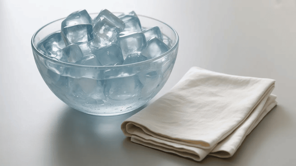 cold compress with bowl of ice cubes and soft cloth to help reduce red spots on face