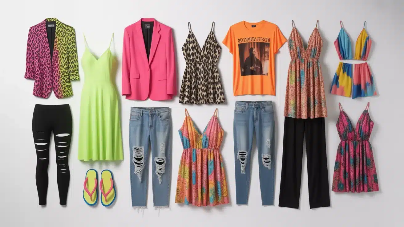 collection of bright casual clothing including neon dress, pink blazer, ripped jeans, graphic shirt, and flip flop