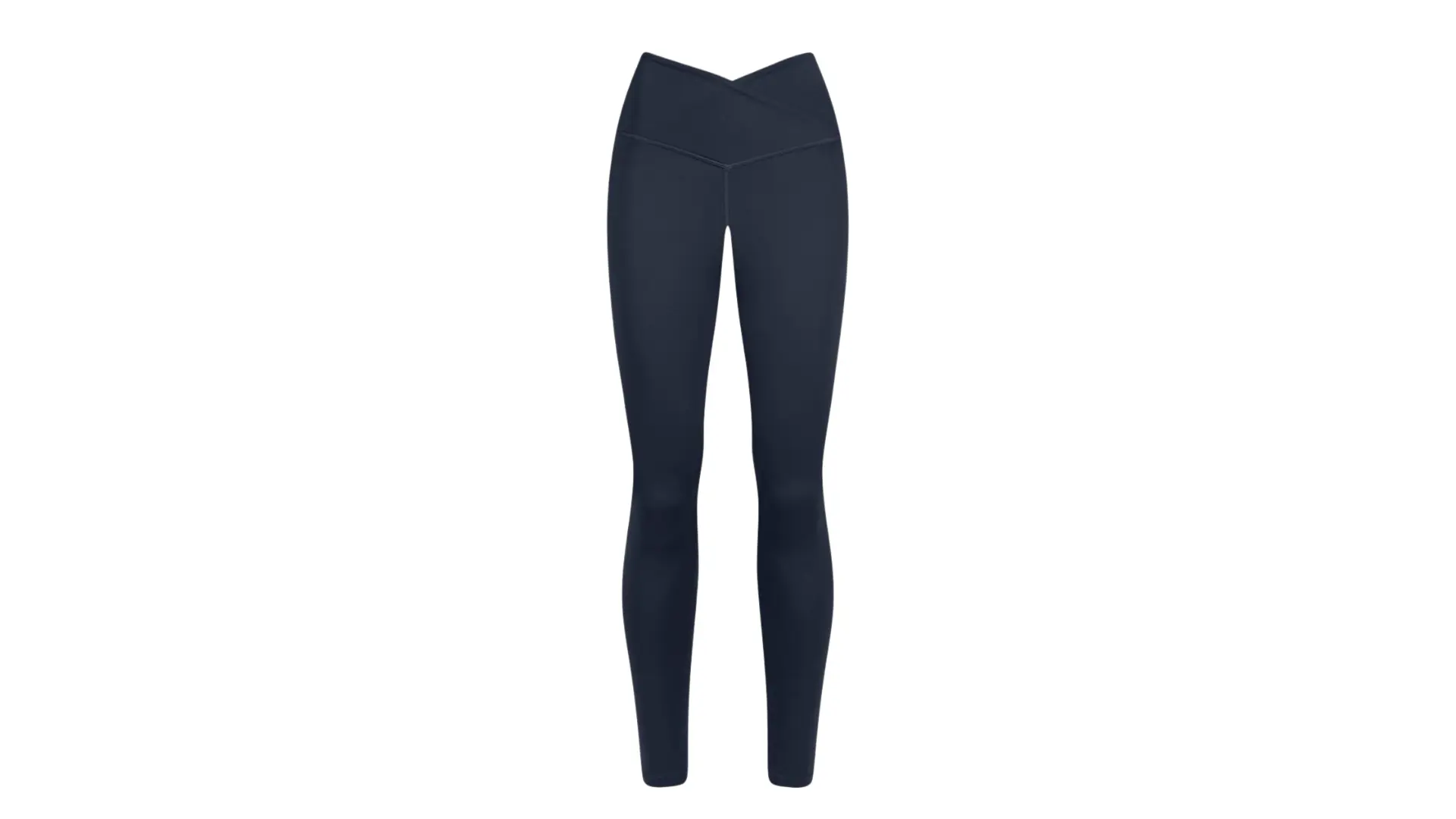 dark navy blue high-waisted compression leggings are centered against a white background in a professional shot