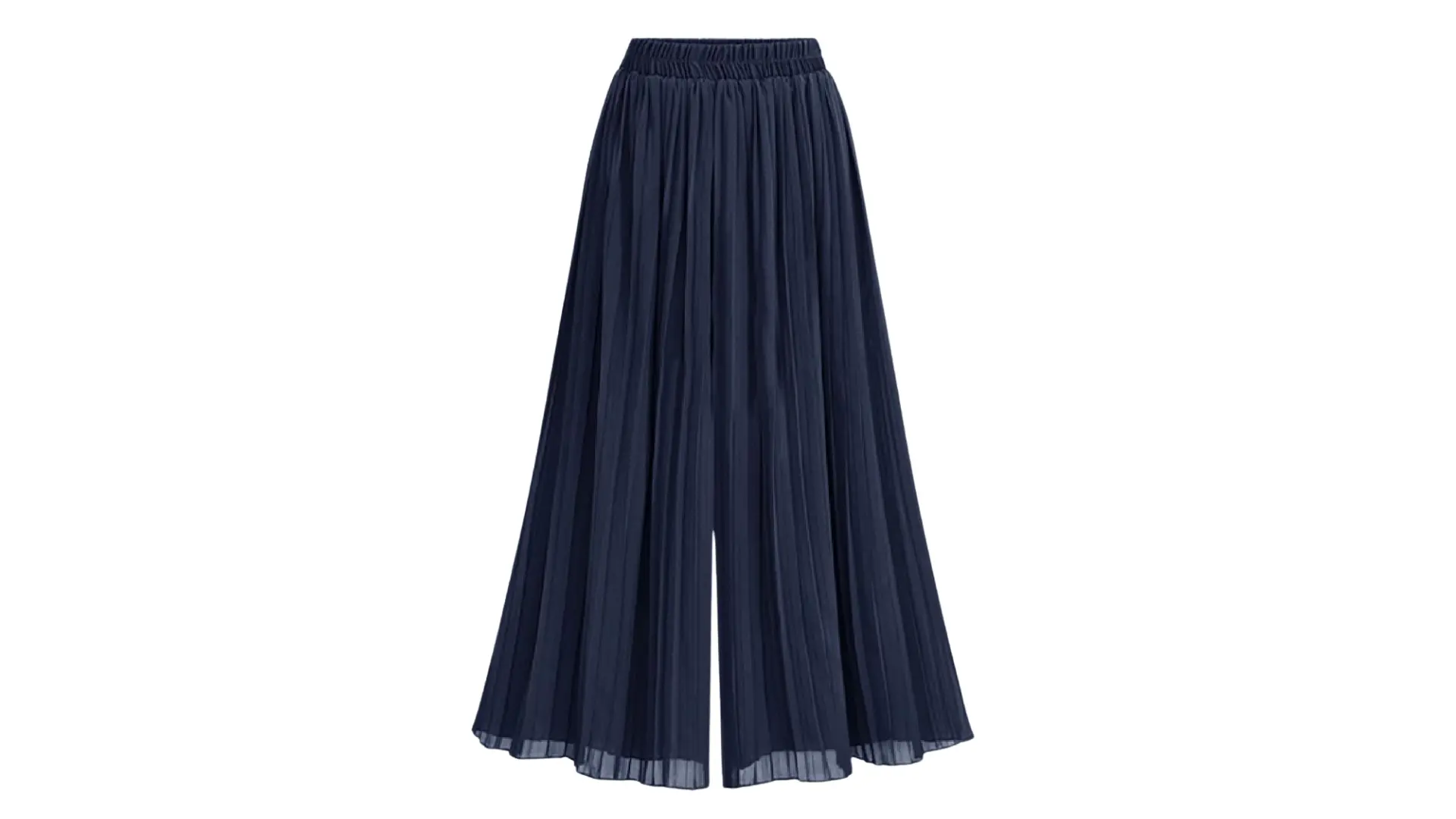 dark navy pleated plazzo trousers with an elastic waistband are centered against a white background in a studio shot