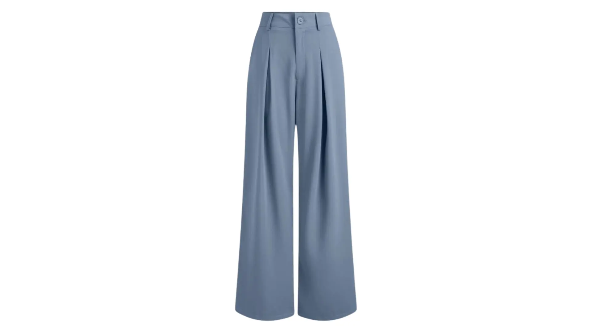 dusty blue high-waisted wide-leg trousers featuring front pleats and a single button closure on a grey background