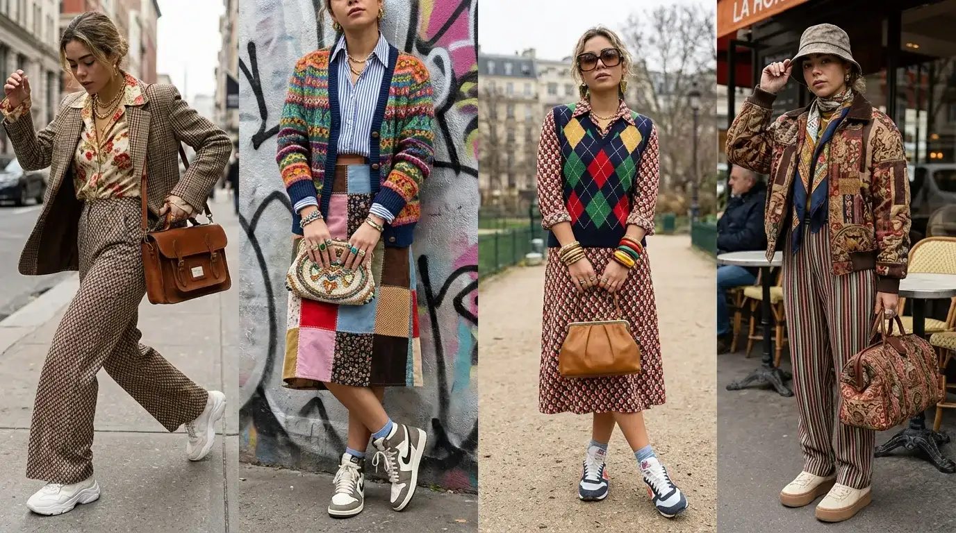 eclectic fashion outfits mixing bold patterns, layered textures, colorful knitwear, vintage accessories, and sneakers