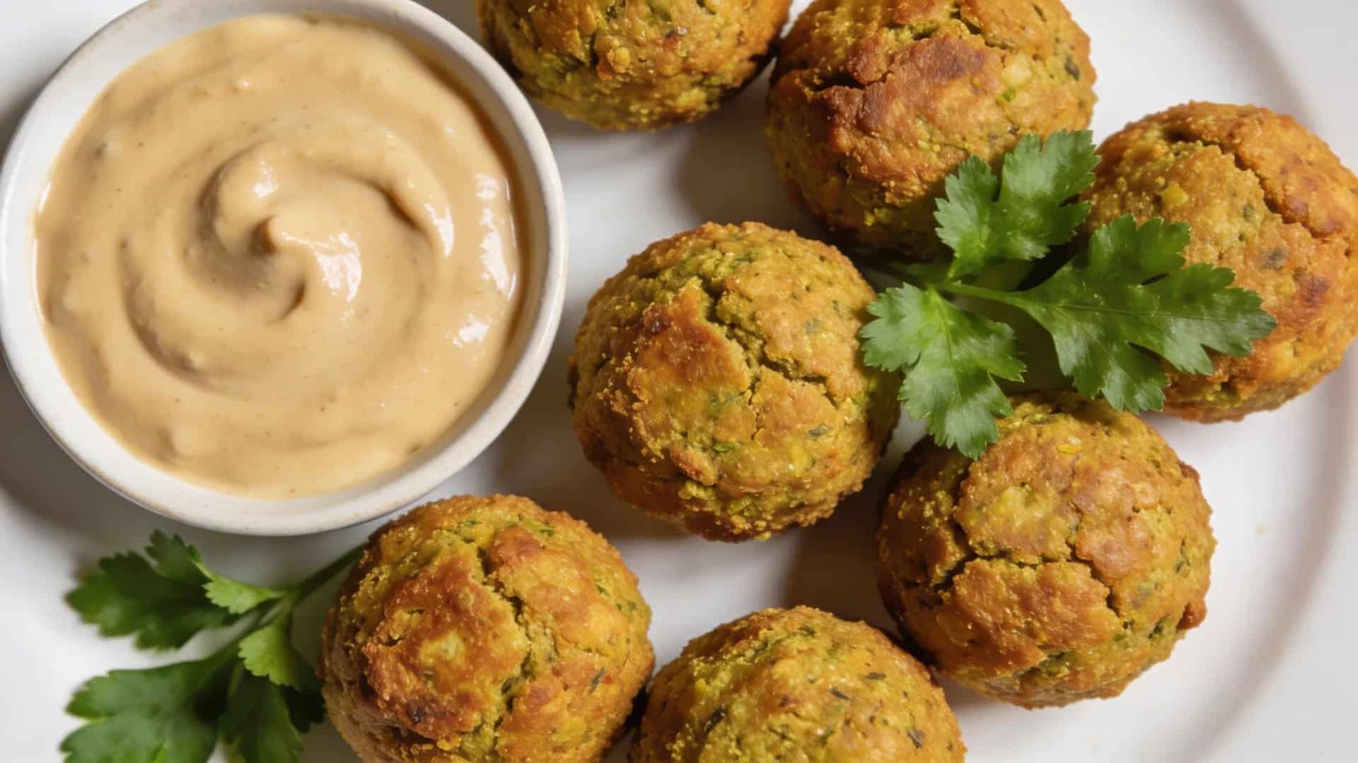 falafel balls served on white plate with creamy dipping sauce and fresh parsley garnish, crispy chickpea snack