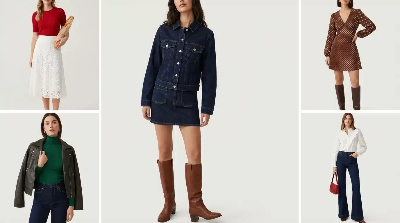 five women wearing red top with lace skirt, denim jacket set, polka dot dress, leather jacket, and blouse with jeans