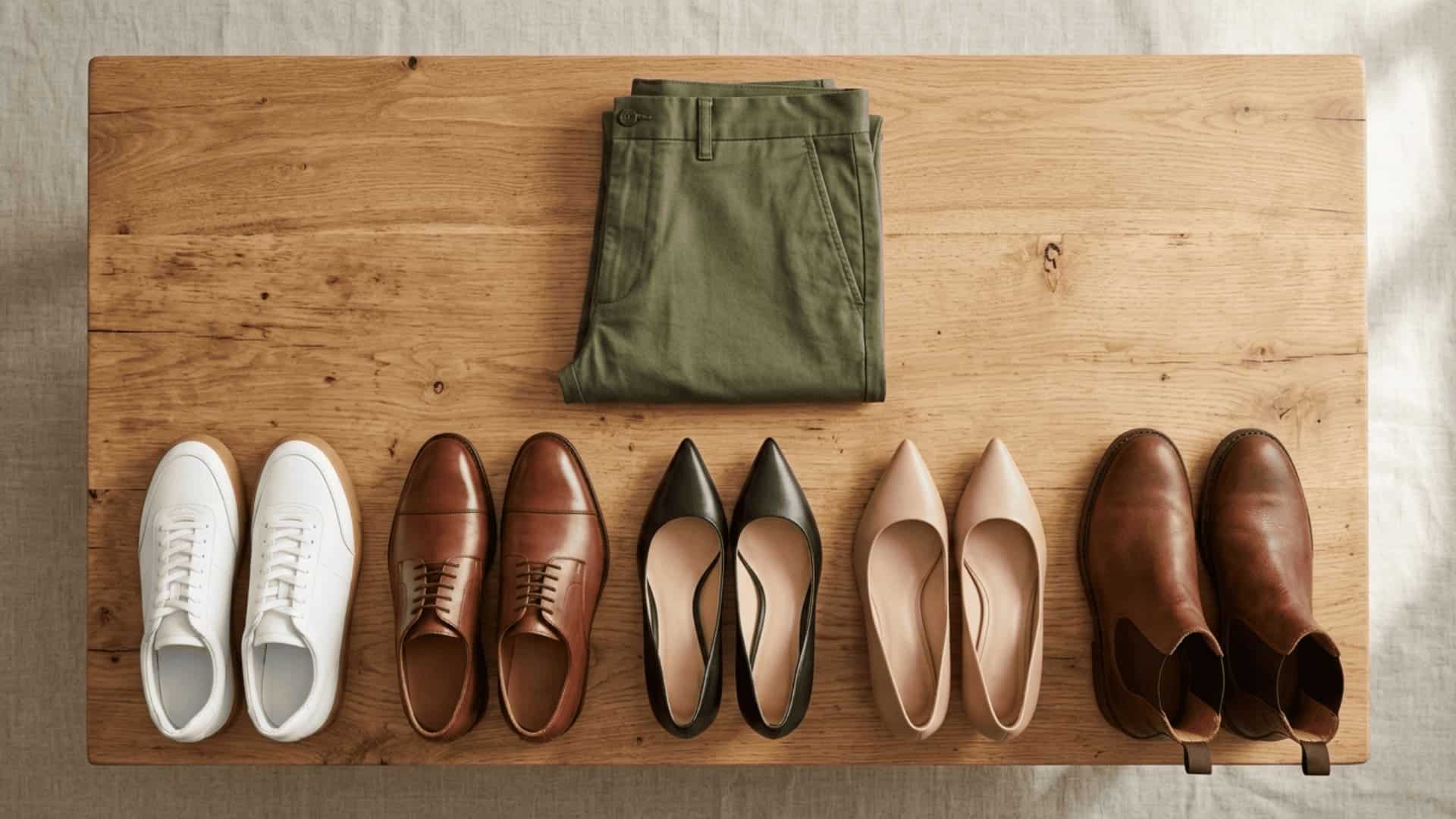 folded olive green pants on table with white sneakers, brown shoes, black heels, nude pumps and boots