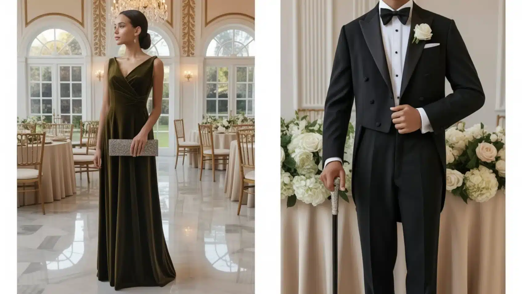 formal evening outfits featuring floor-length gown and tuxedo with bow tie in ballroom setting for black-tie events