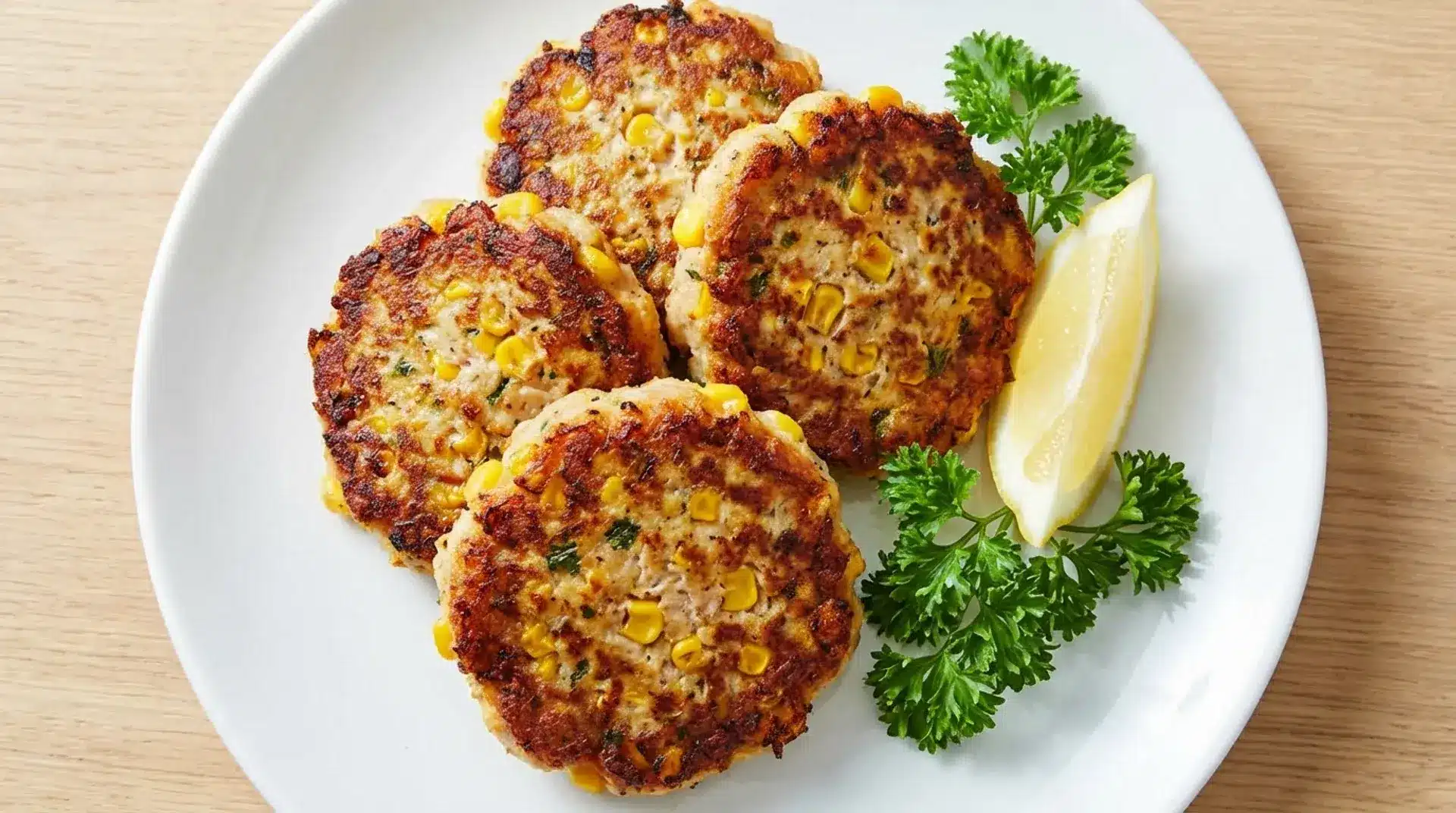 four corn fritters on white plate with parsley garnish and lemon wedge, golden browned patties with sweet corn kernels