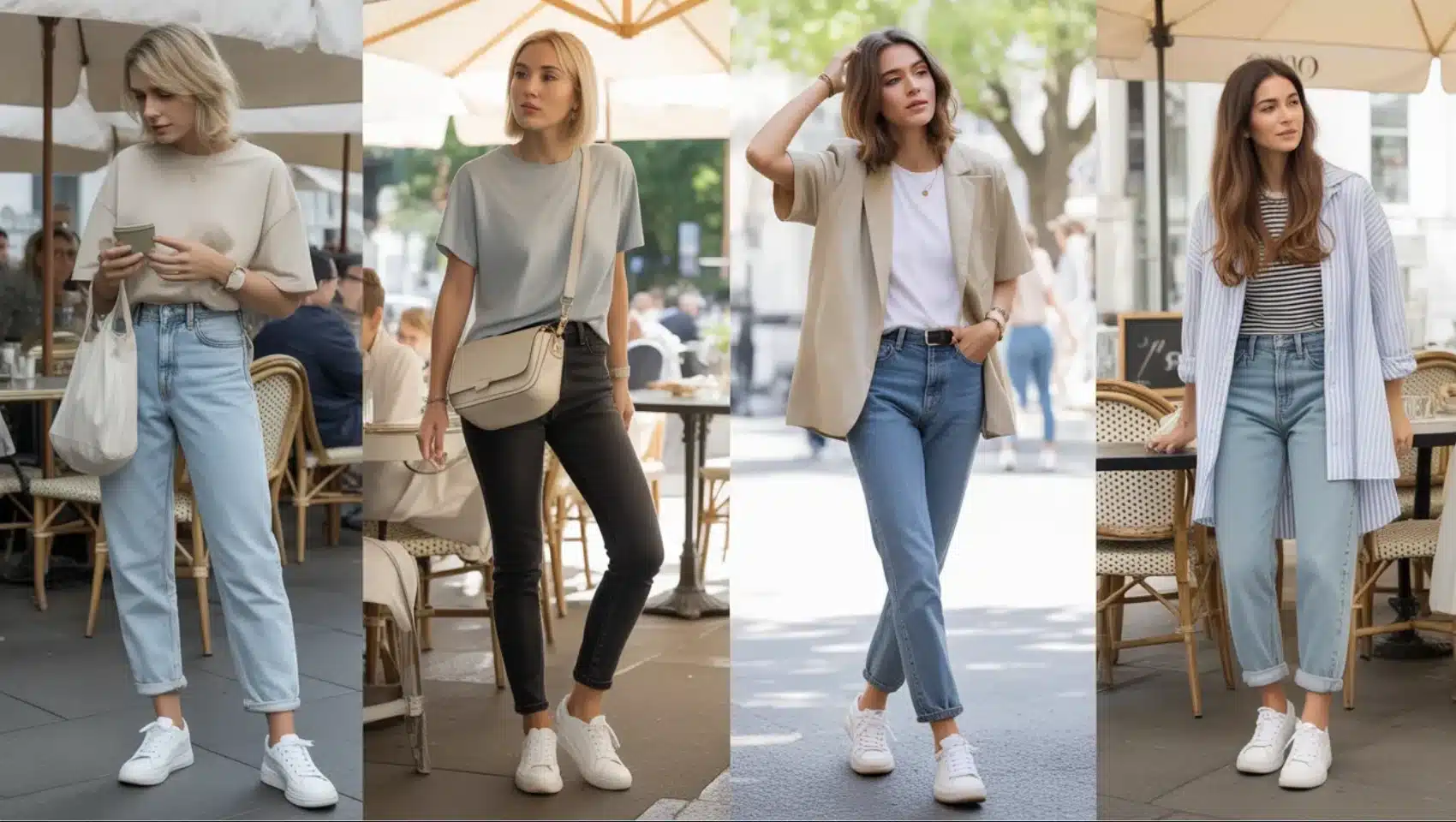 four women wearing casual outfits with jeans, simple t-shirts, lightweight layers, and white sneakers