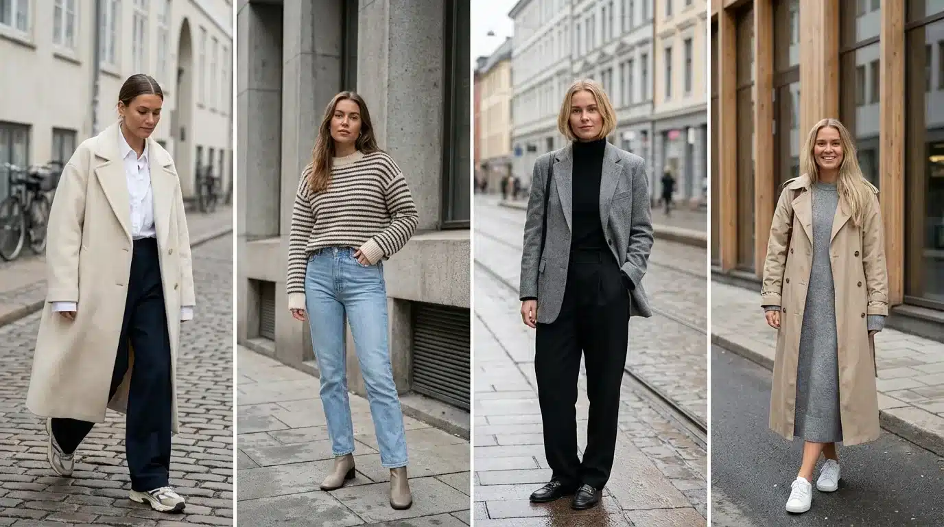 four women wearing neutral street style outfits including coats, sweaters, jeans, and trousers on a quiet city street