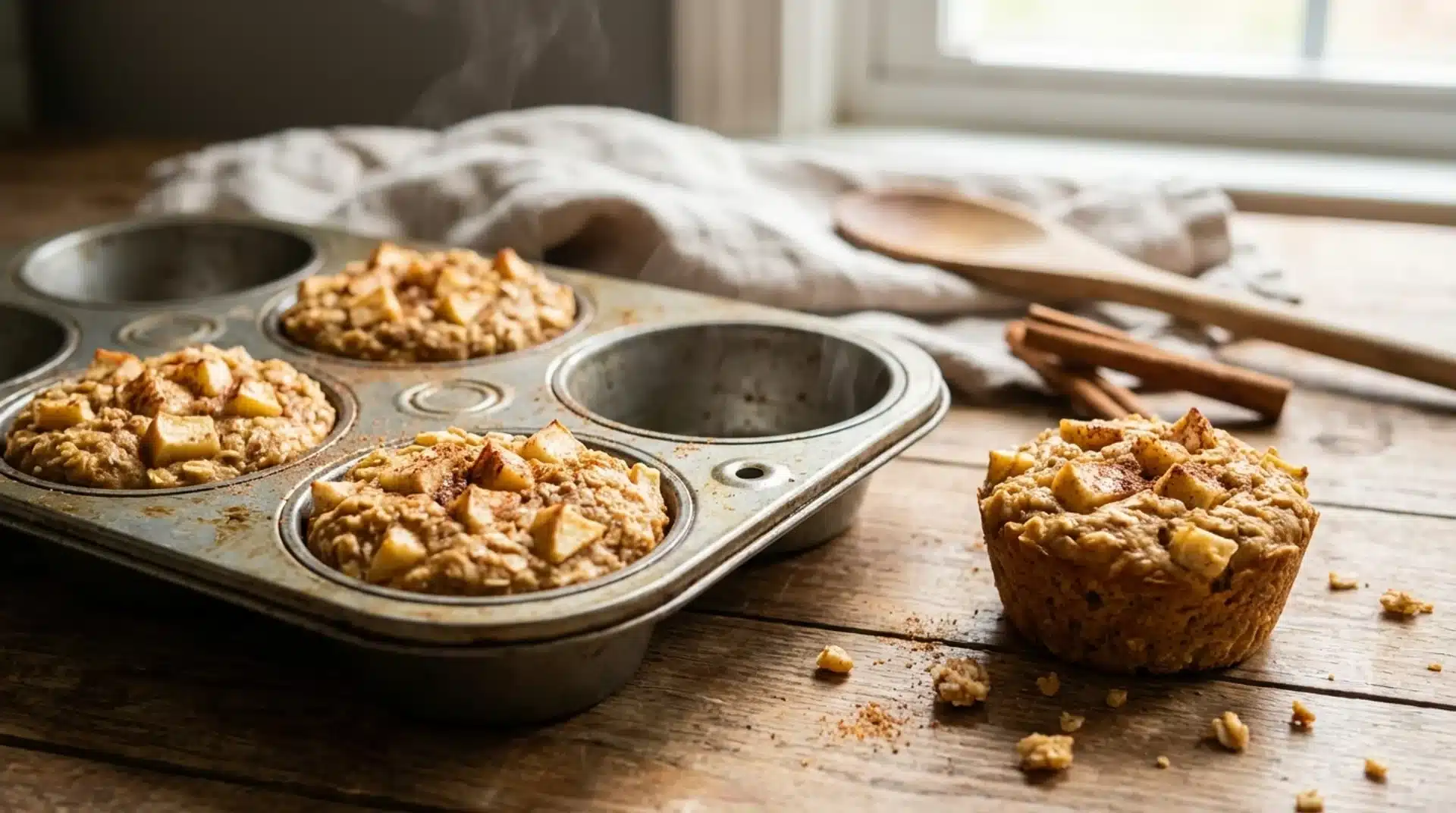 fresh baked apple oat muffins in metal muffin tin on rustic wooden table, with cinnamon sticks and wooden spoon nearby
