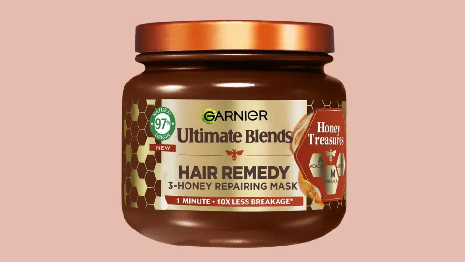 garnier ultimate blends honey treasures repairing hair mask in brown jar for nourishing fine hair and reducing breakage