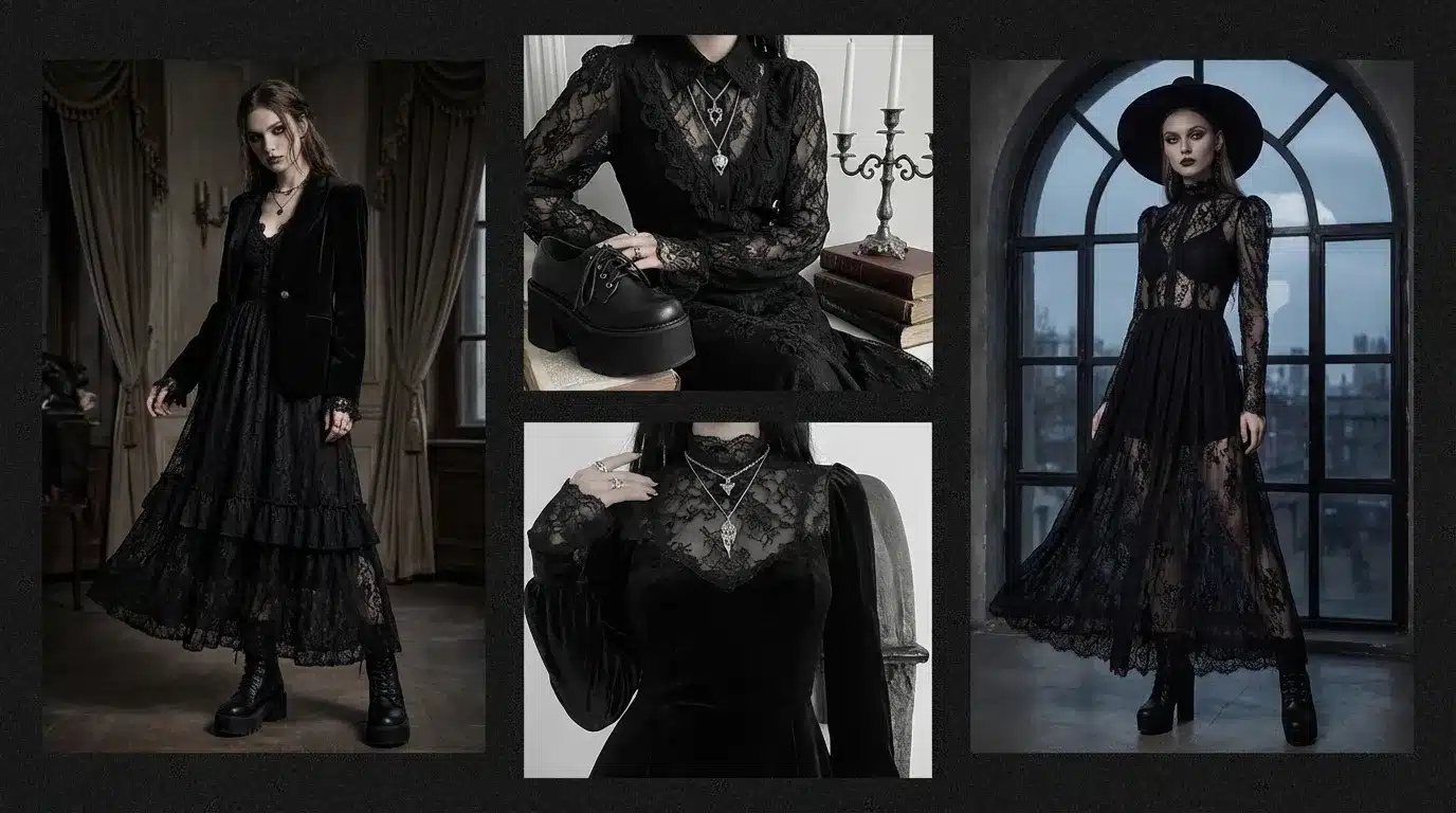 goth style outfits with black lace dresses, layered necklaces, platform boots, dark makeup, and dramatic gothic settings