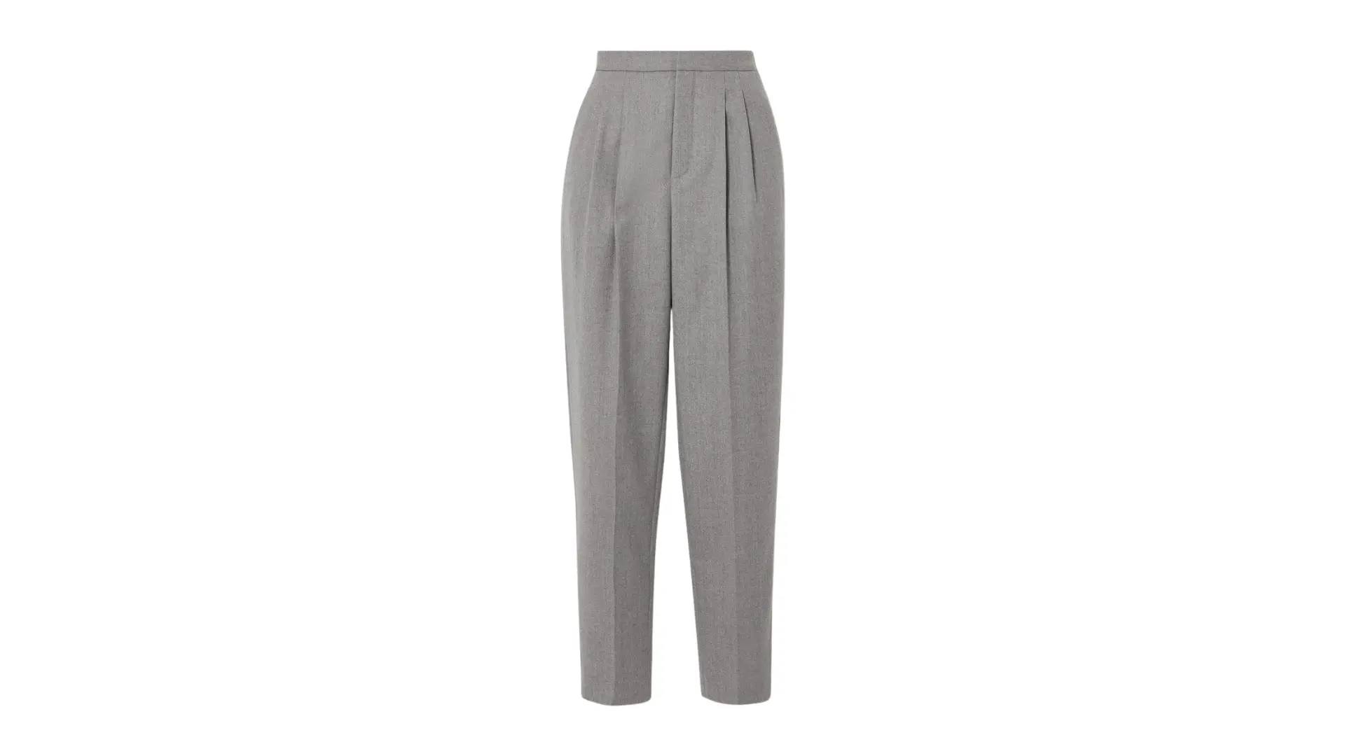gray high-waisted tapered trousers are centered against a white background in a professional studio shot