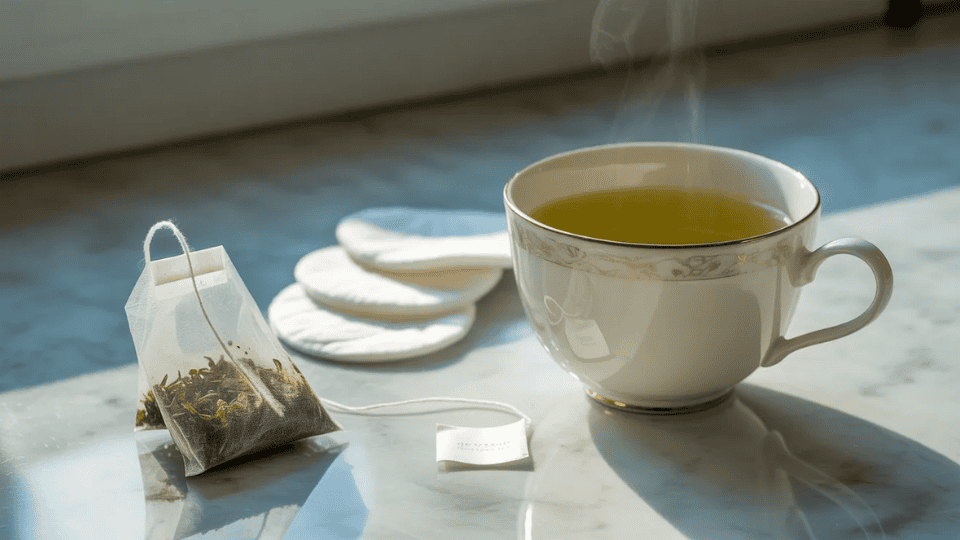 green tea compress with tea bag and warm cup to calm red spots on face