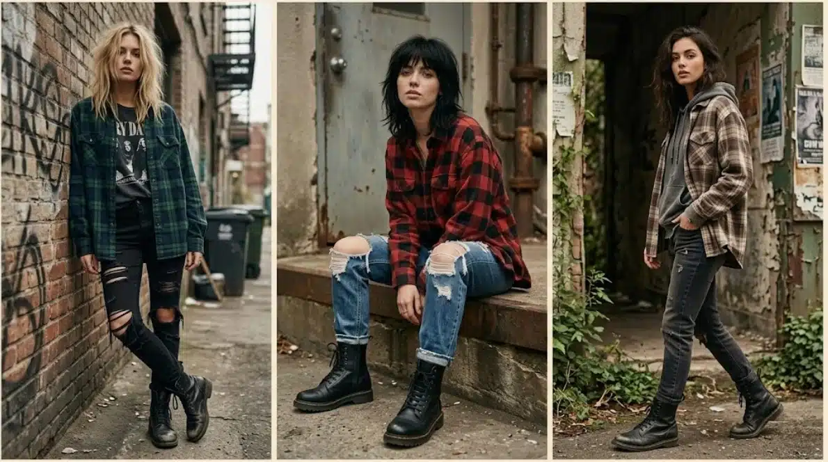 grunge street style outfits with plaid flannel shirts, ripped jeans, hoodies, combat boots, urban alley backgrounds