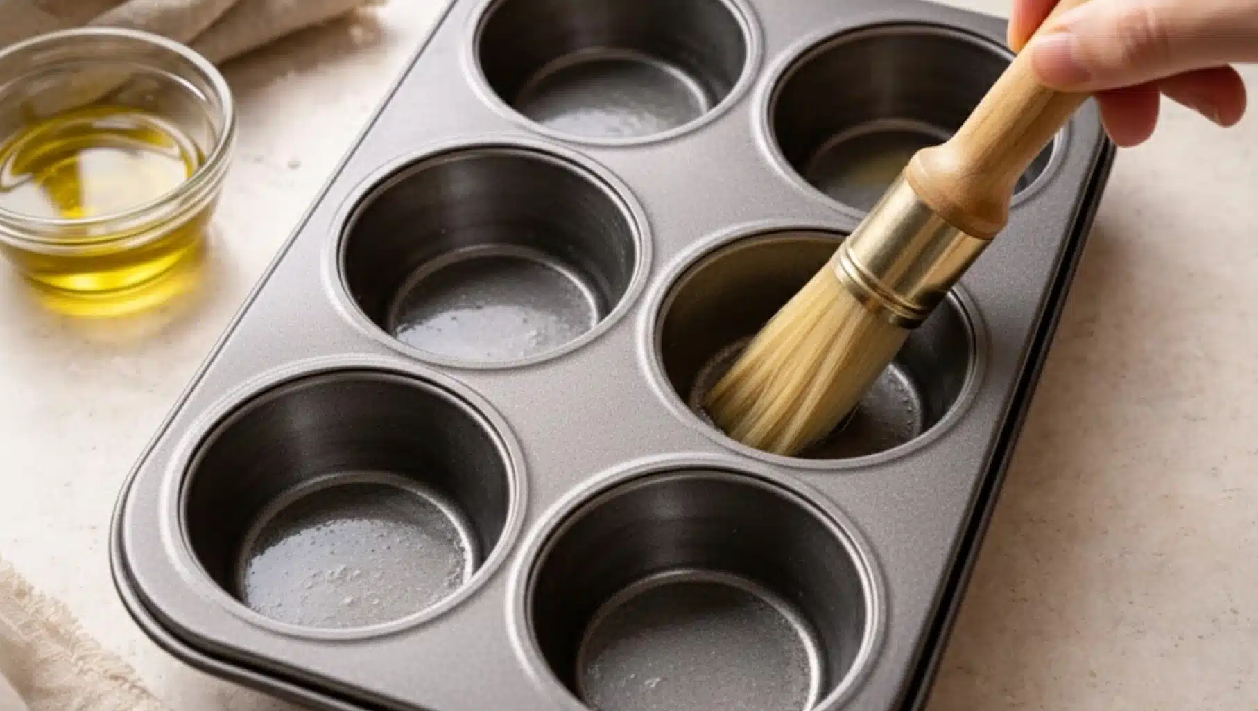 hand brushing oil into muffin tin cups with pastry brush, preparing baking tray with oil before adding batter for baking