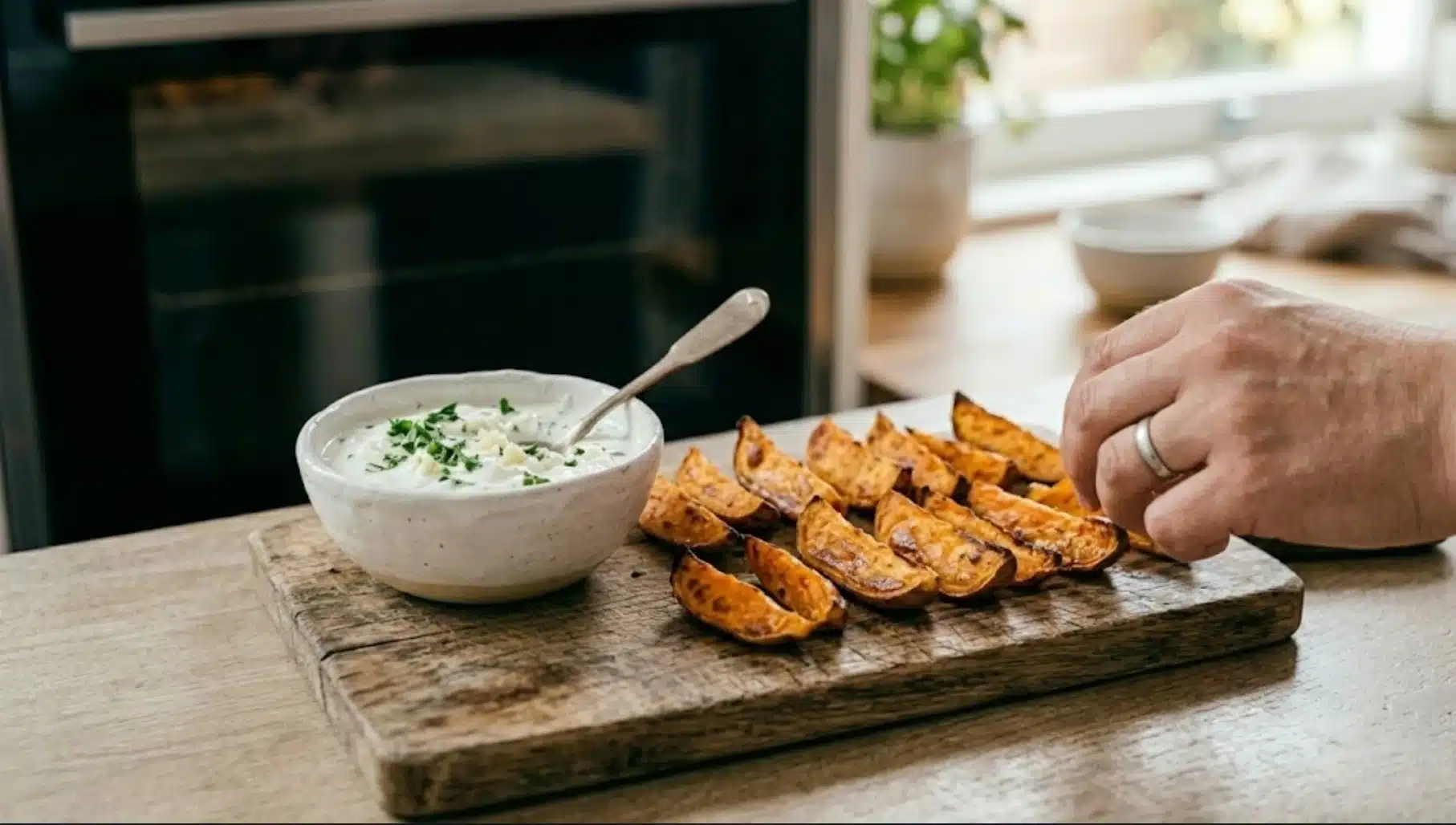 hand picking roasted sweet potato wedges from a wooden board beside a bowl of garlic yogurt dip in a home kitchen