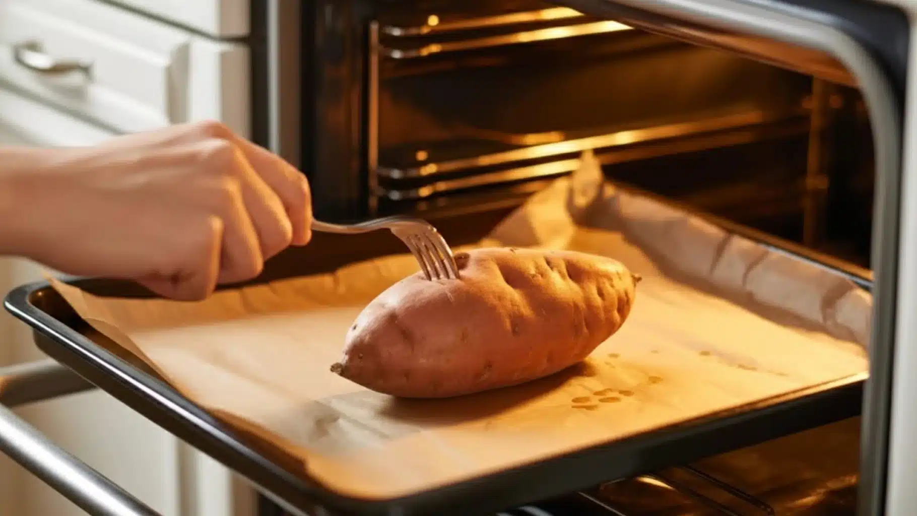 hand piercing sweet potato with fork on parchment-lined baking tray before placing it into oven for roasting or baking