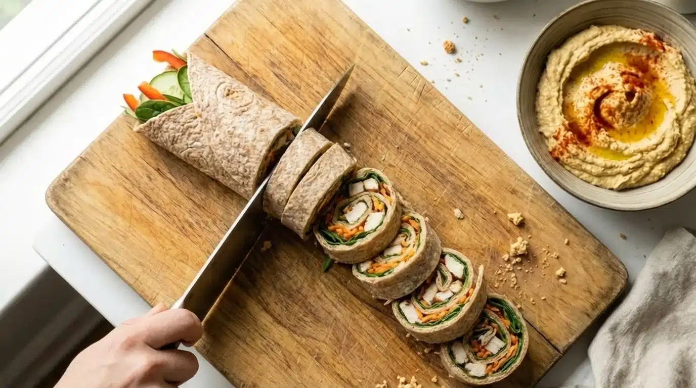 hand slicing whole wheat chicken wrap into pinwheels on wooden board, with hummus bowl and vegetable filling inside wrap