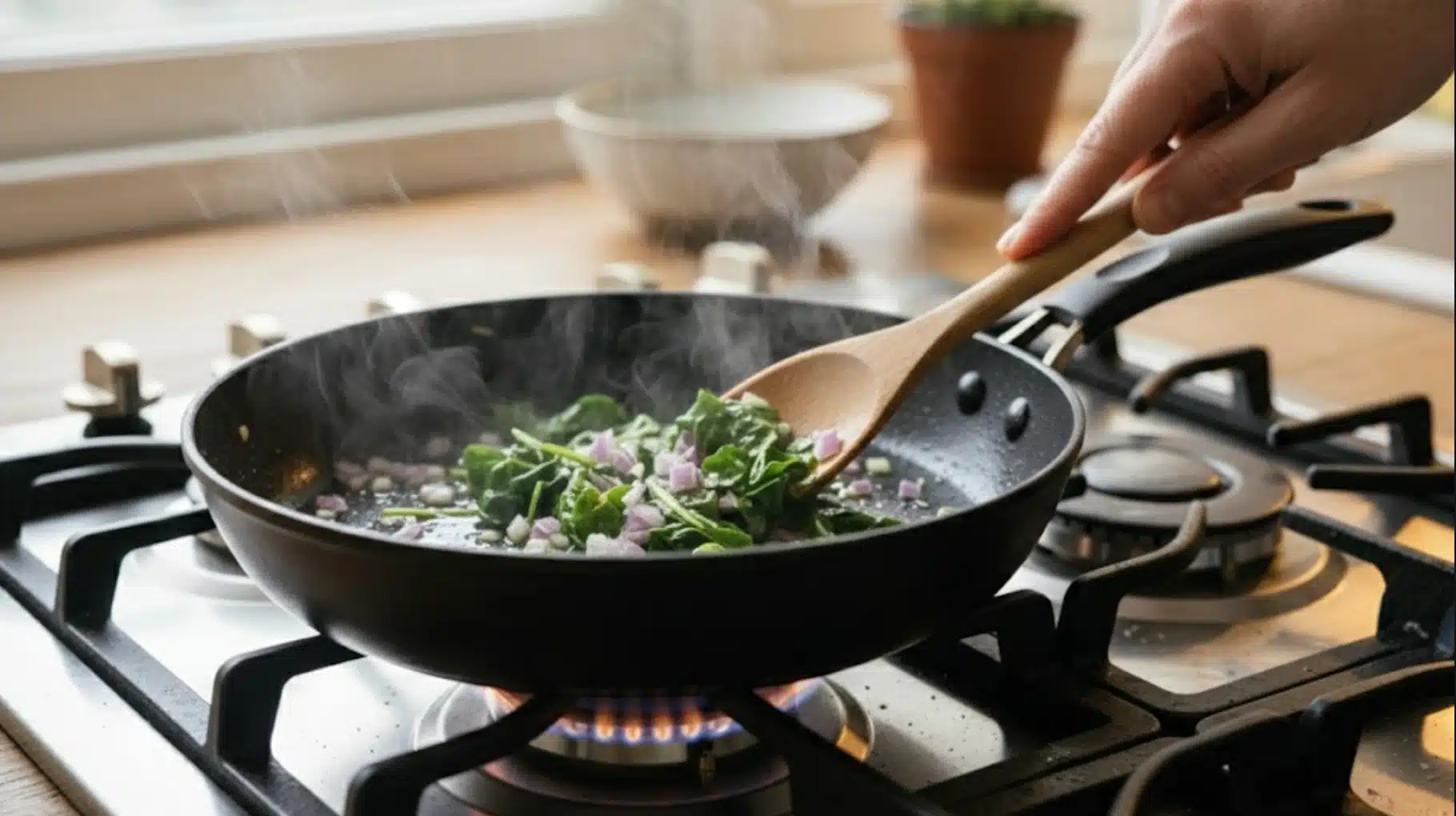 hand stirring spinach and diced onions in a hot skillet on a gas stove, sautéing vegetables with a wooden spoon