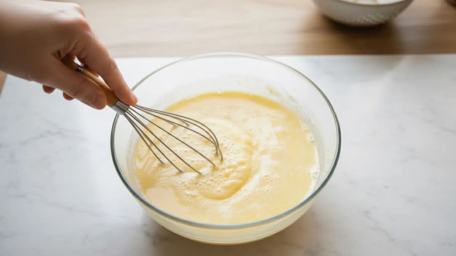 hand whisking eggs in a glass bowl on a marble countertop, preparing a smooth egg mixture for cooking or baking a recipe