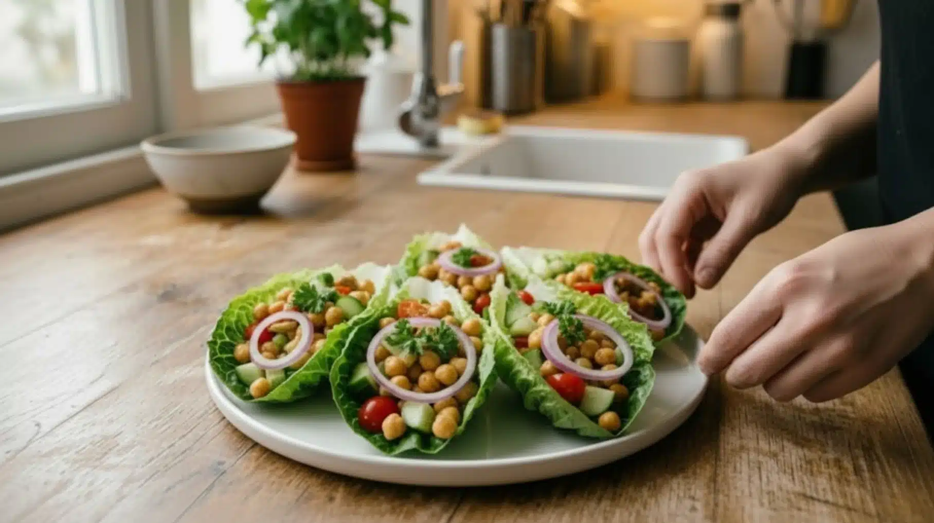 hands arranging lettuce wraps filled with chickpeas, cucumber, cherry tomatoes, and red onion on plate on wooden counter