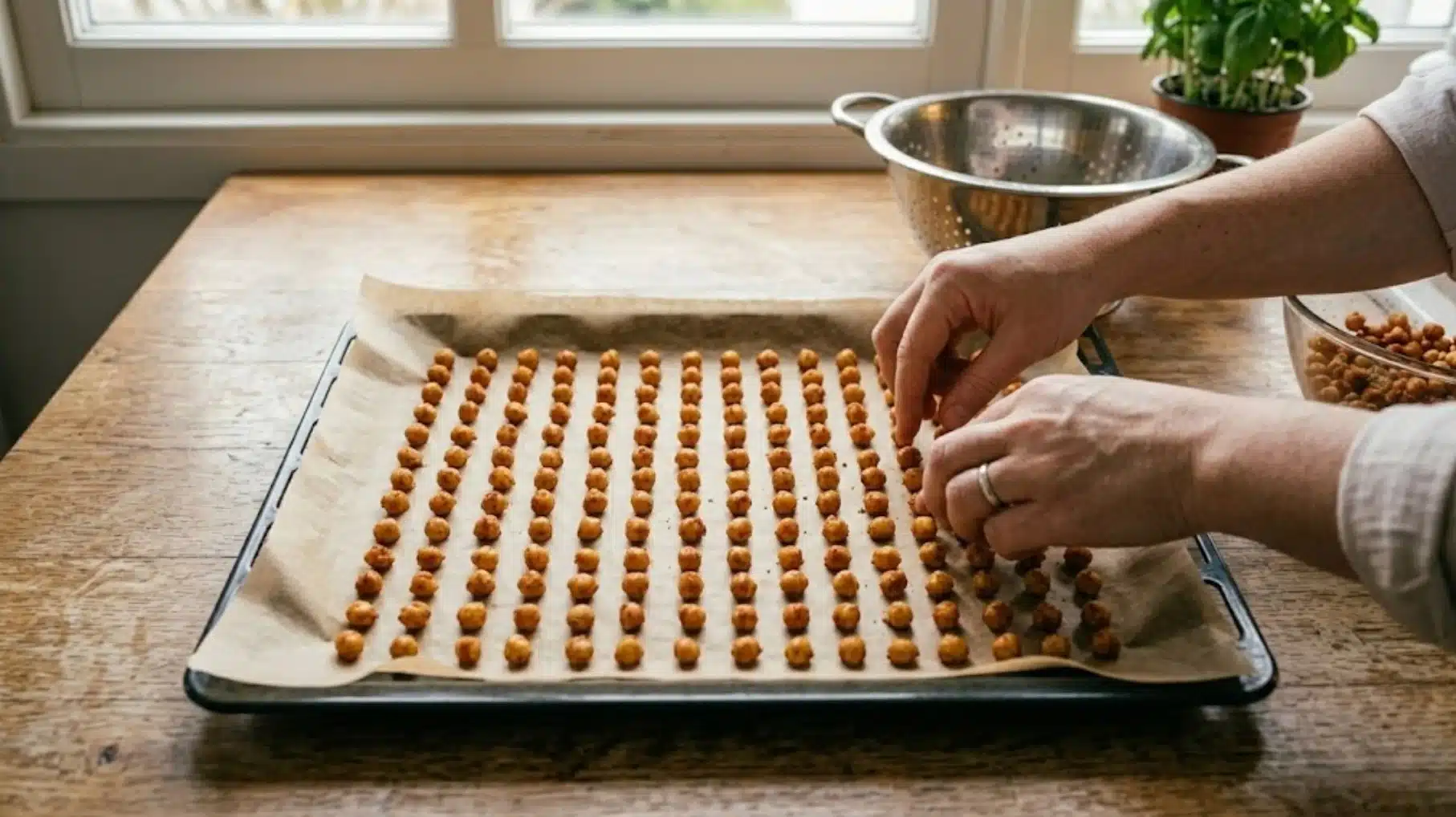 hands arranging seasoned chickpeas on parchment lined baking tray, preparing them evenly for roasting