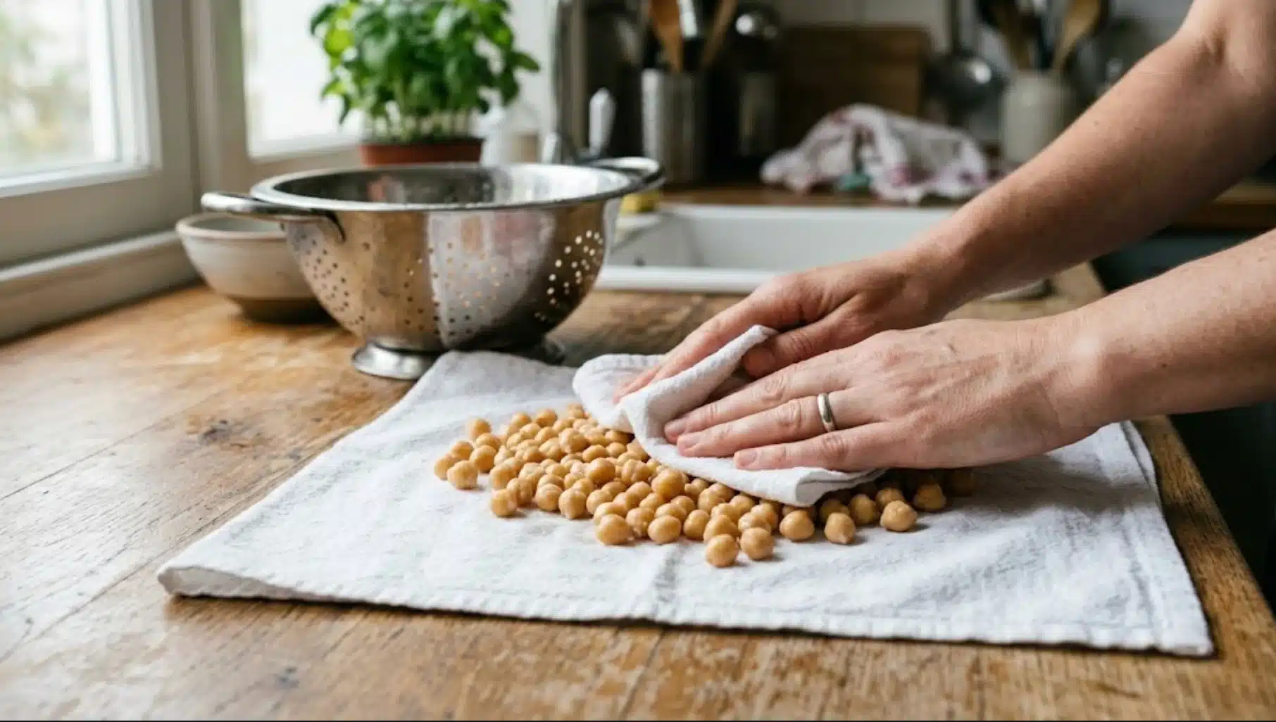 hands drying cooked chickpeas with a cloth on the kitchen counter beside a metal colander, preparing for cooking