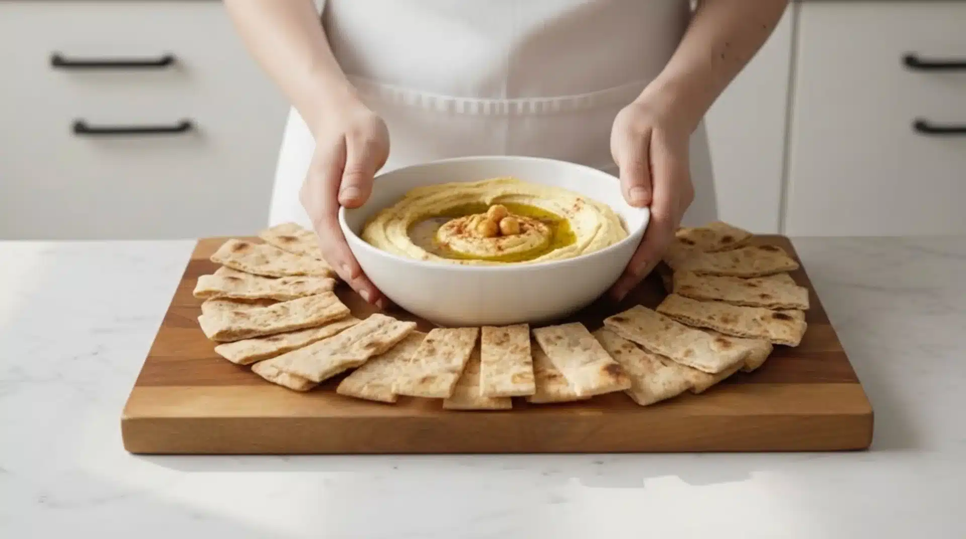 hands holding bowl of creamy hummus topped with chickpeas and olive oil, surrounded by sliced pita bread on wooden board