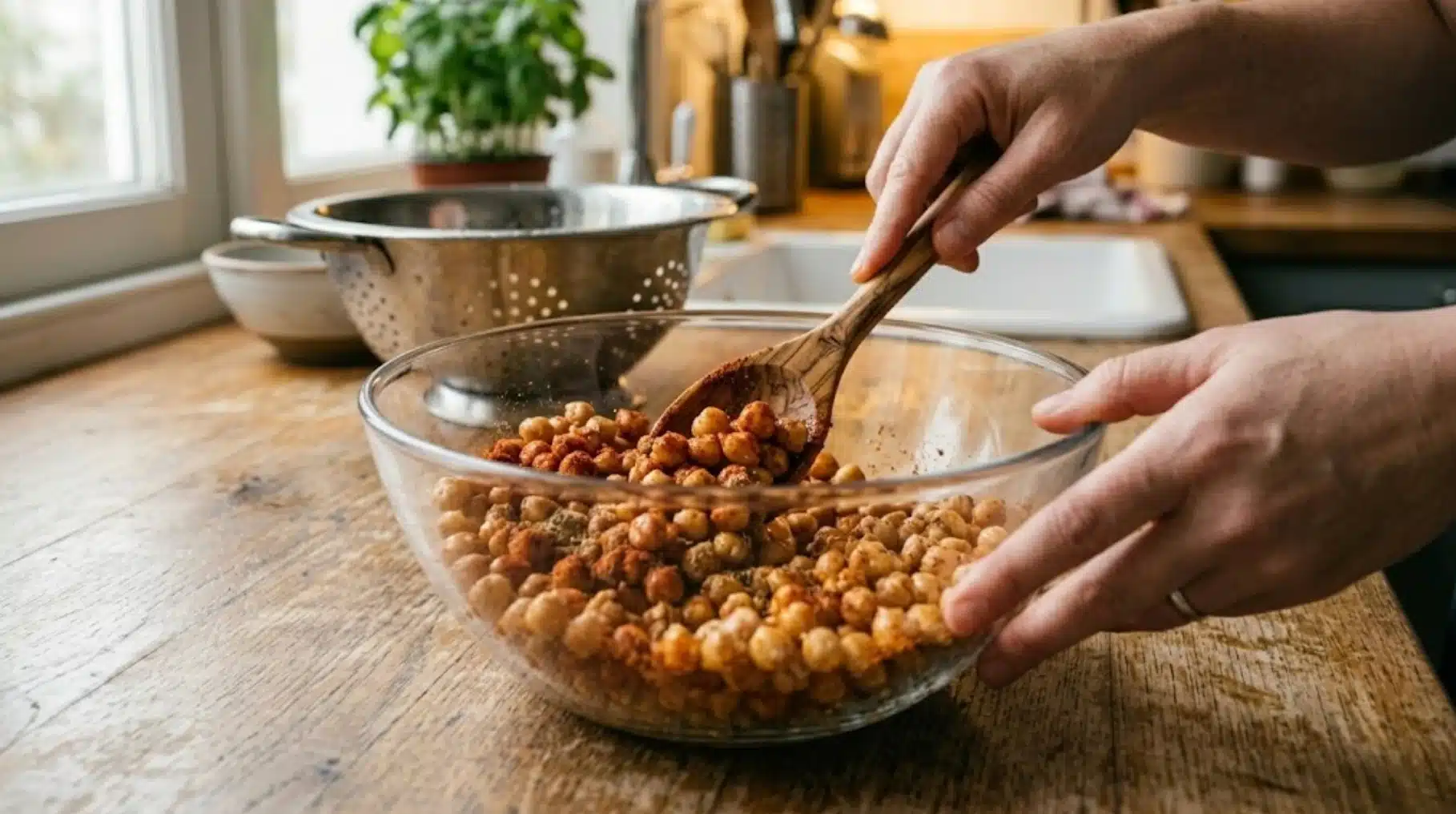 hands mixing chickpeas with spices in a glass bowl using a wooden spoon on the kitchen counter, preparing for roasting
