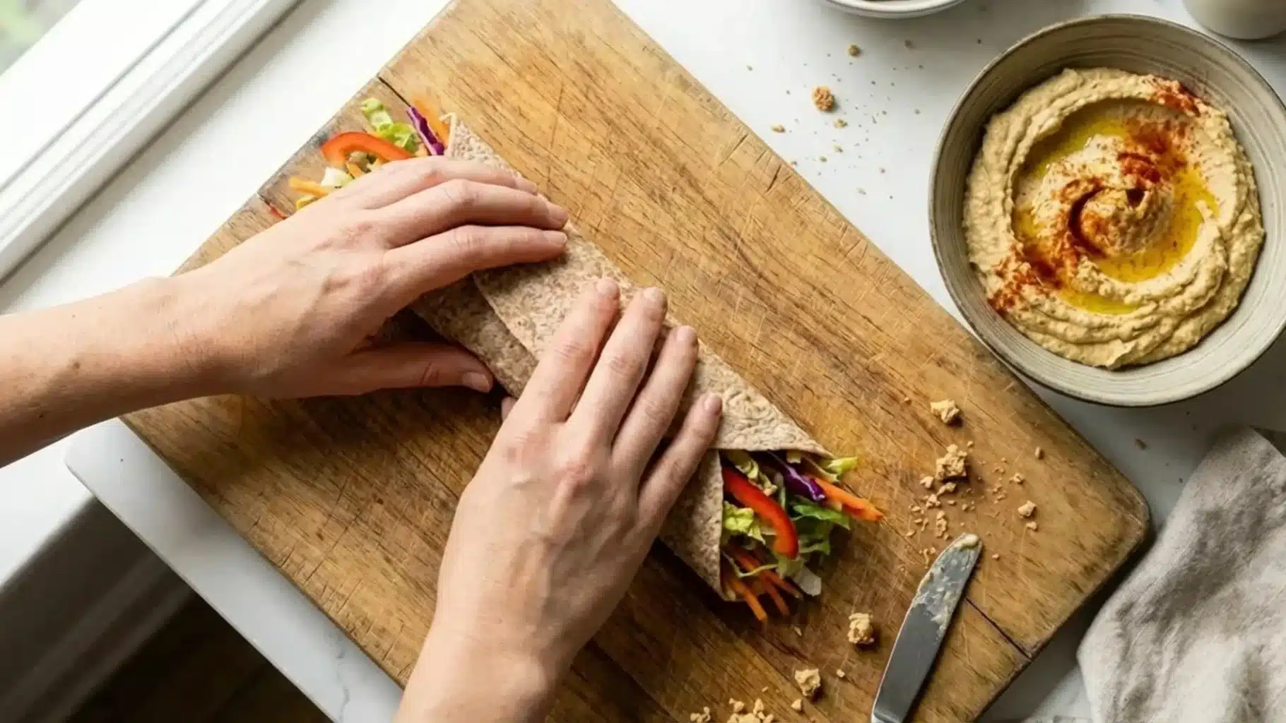 hands rolling whole wheat wrap filled with vegetables and hummus on wooden board, with bowl of hummus