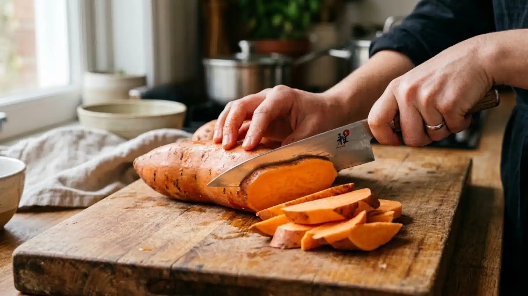 hands slicing fresh sweet potato on a wooden cutting board with a kitchen knife, preparing vegetables in a home kitchen