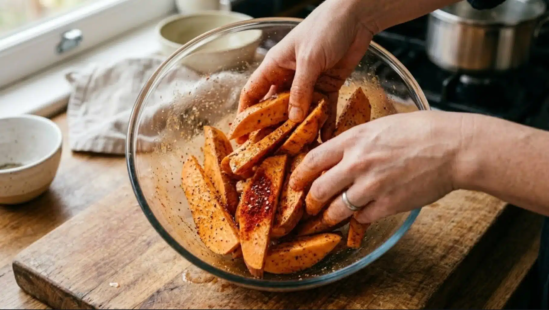 hands tossing seasoned sweet potato wedges in a glass mixing bowl with spices on a wooden kitchen countertop