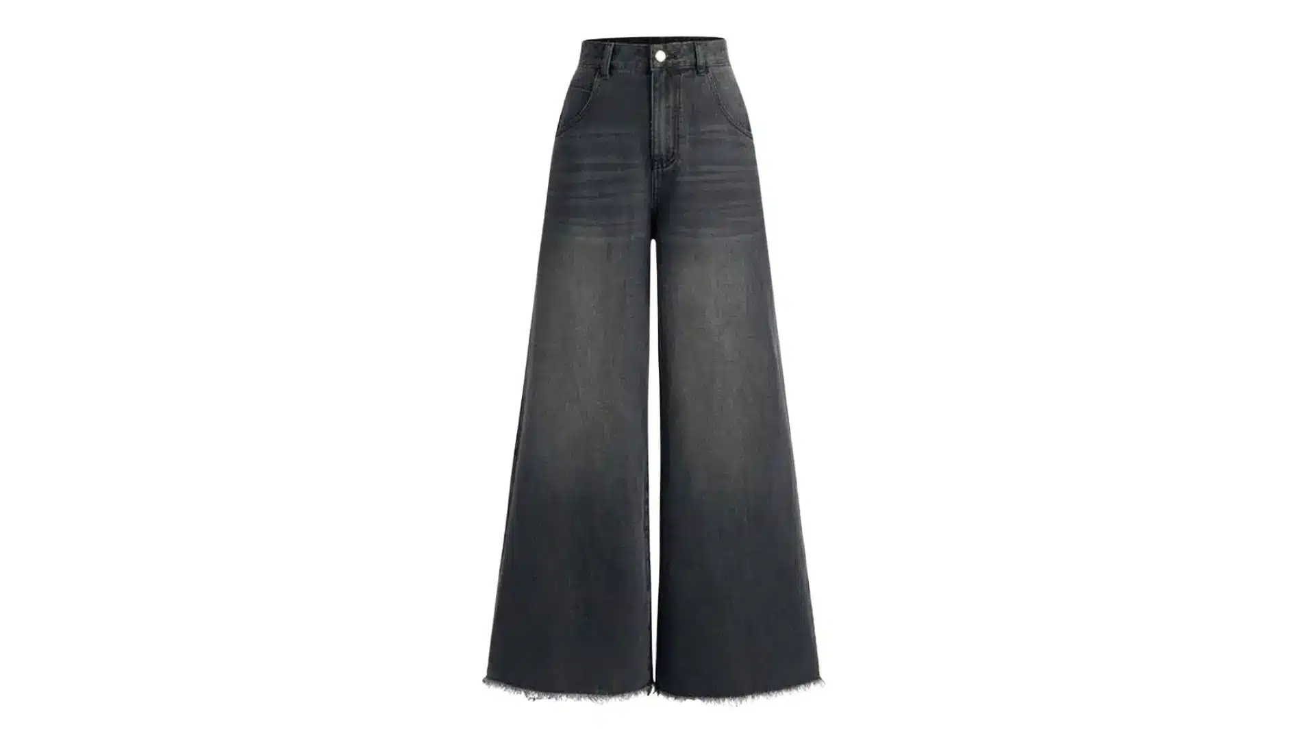 high-waisted faded black wide-leg denim jeans with a raw frayed hem are centered against a white background