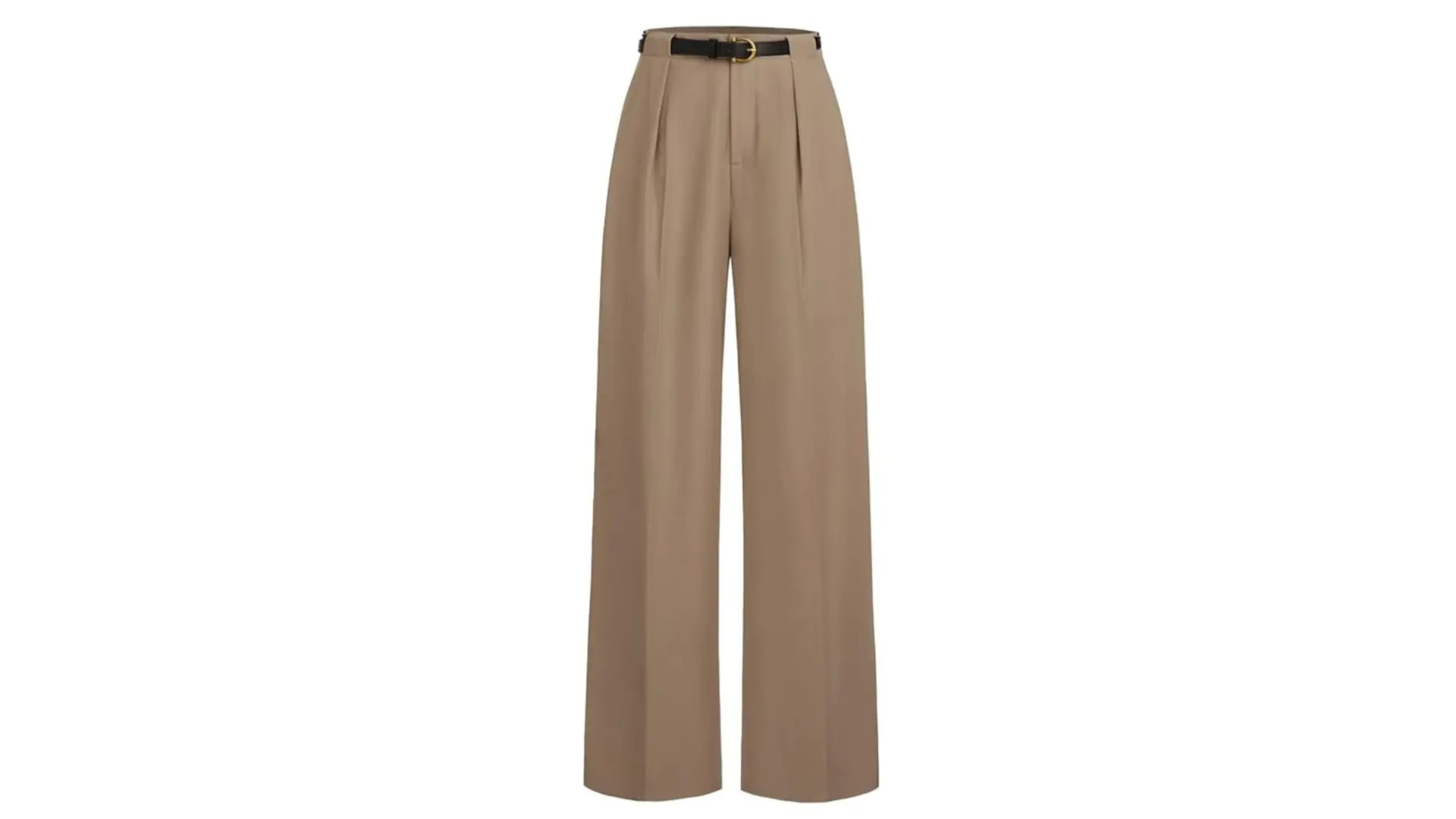 high-waisted tan pleated trousers with a slim black belt are centered against a white background in a studio shot