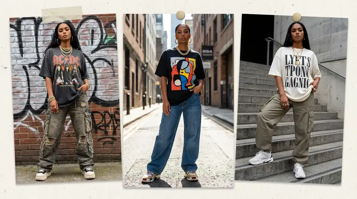 hip-hop inspired outfits with oversized graphic t-shirts, baggy jeans, cargo pants, chunky sneakers, and gold chain