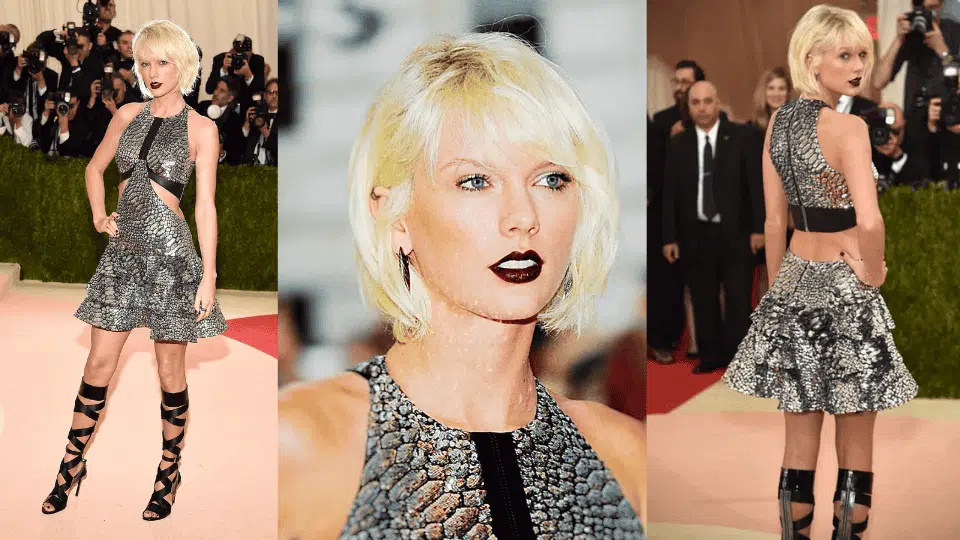 taylor swift in 2016 for manus x machina, met gala in a louis vuitton robot-inspired silver look
