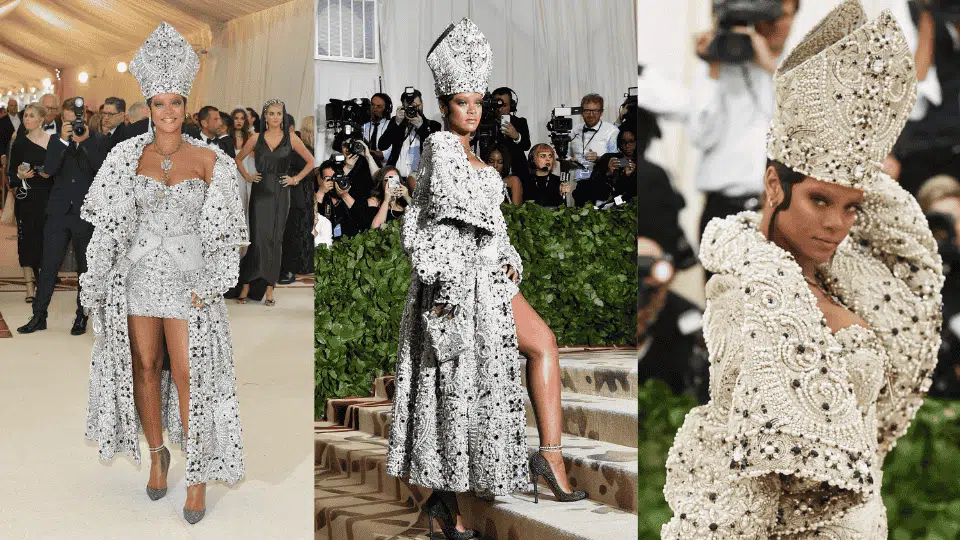 rihanna in 2018 met gala in a custom maison margiela papal ensemble designed by john galliano