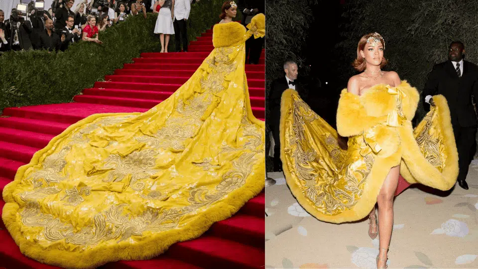 rihanna in yellow guo pei gown that took two years to construct at the 2015 met gala china through the looking glas