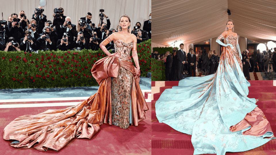blake lively in rose gold versace gown that transforms from copper to green at the 2022 met gala gilded glamour theme 113