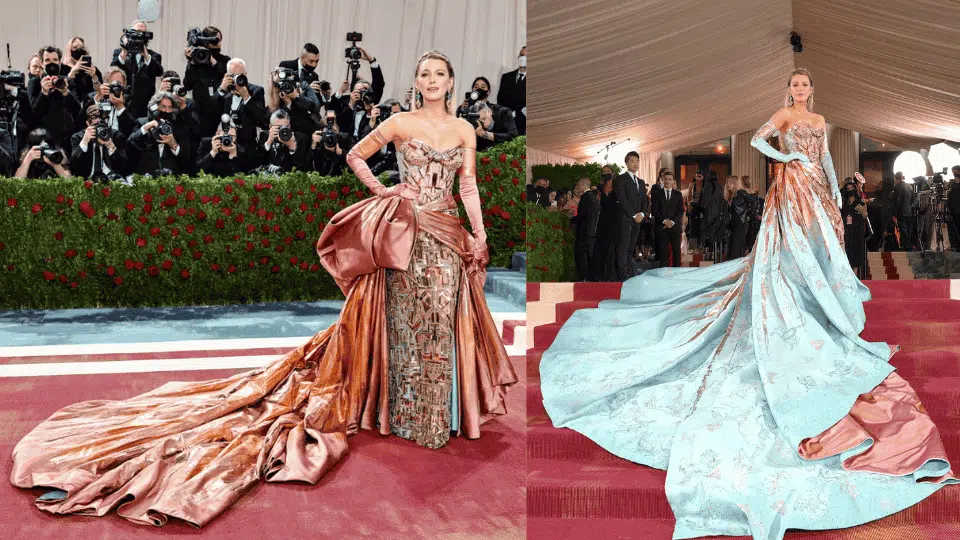 blake lively in rose gold versace gown that transforms from copper to green at the 2022 met gala gilded glamour theme 113