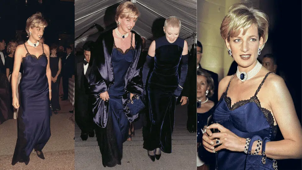 princess diana in midnight blue silk slip dress by john galliano for dior at the 1996 met gala theme